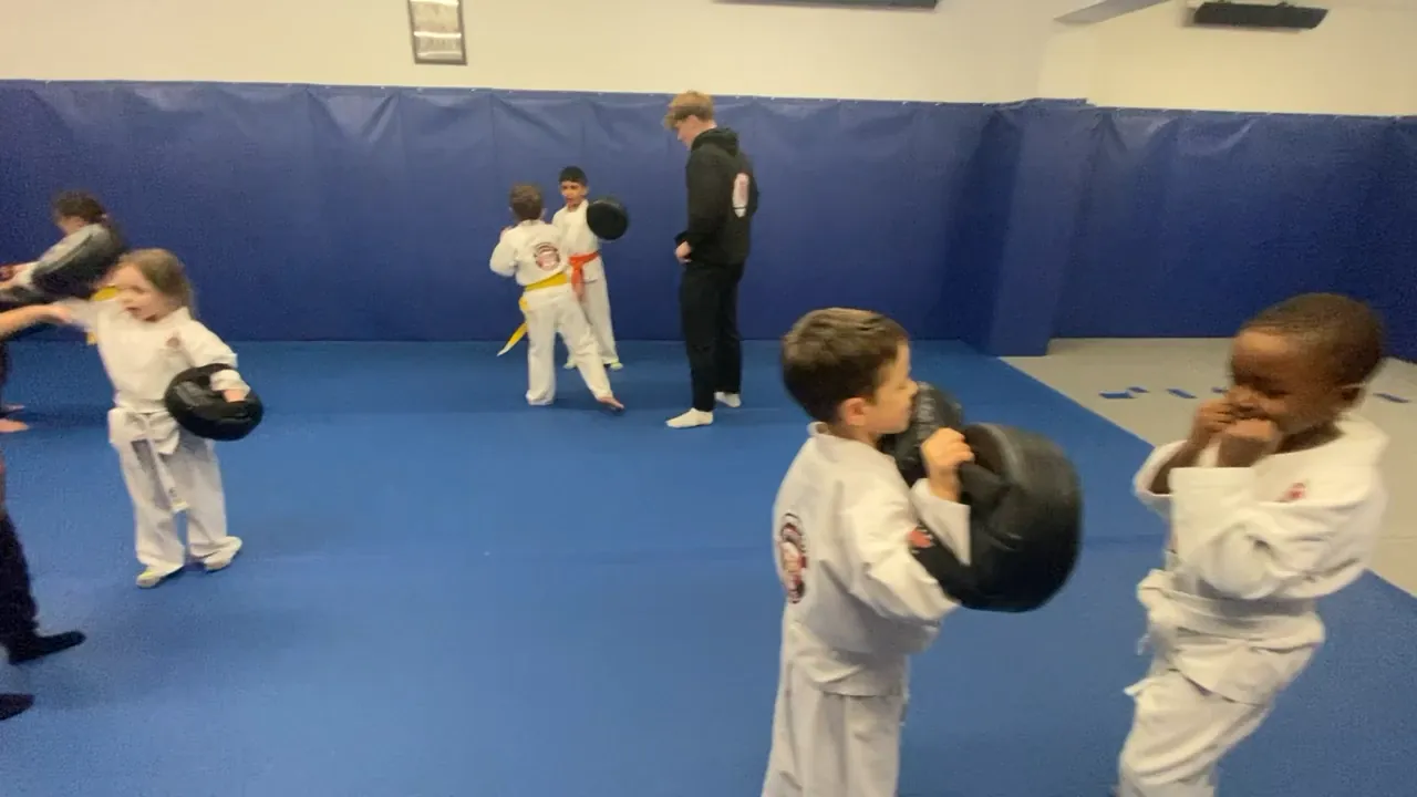 ZKS students practising with pads while an instructor helps during class