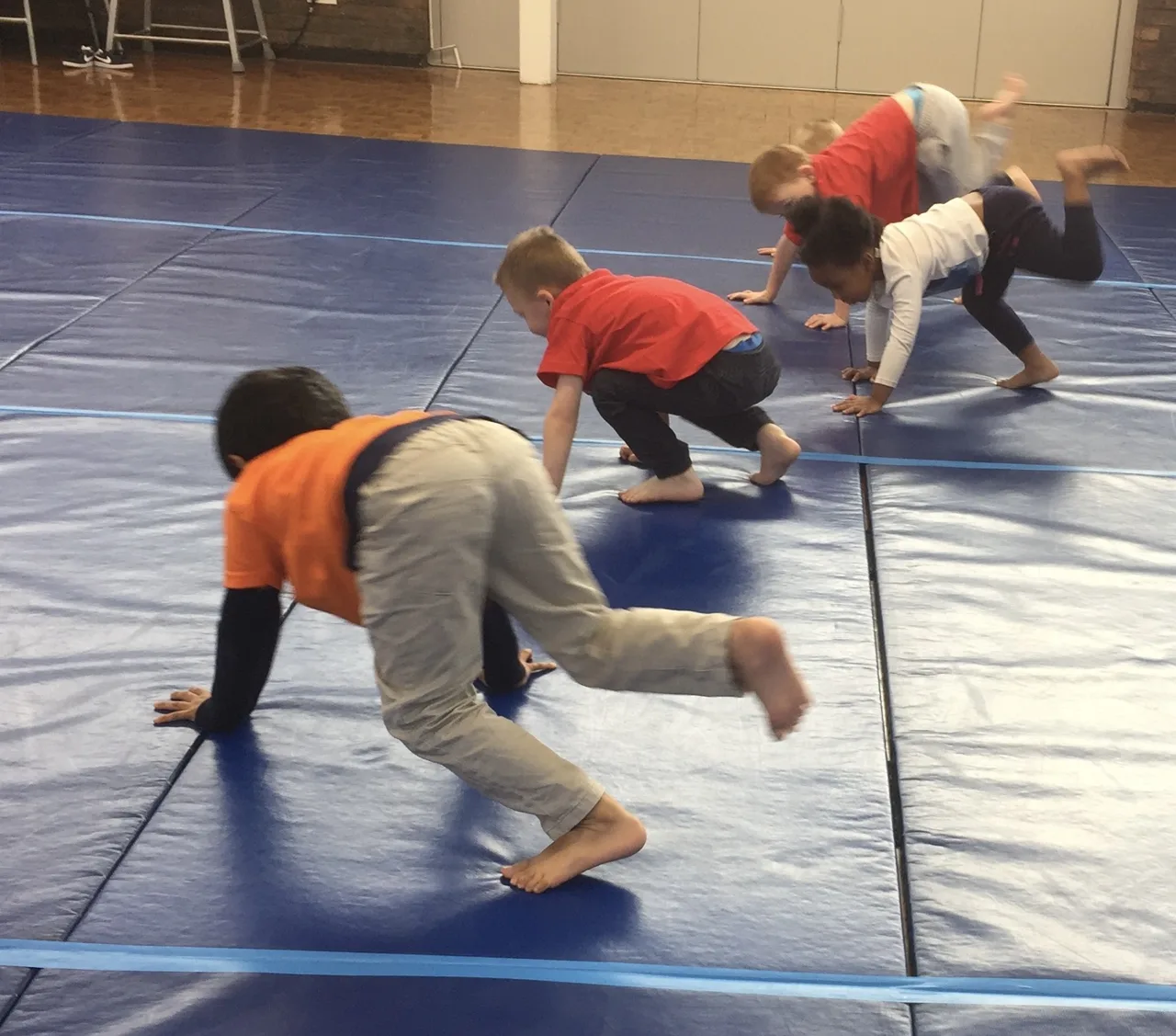 Little Dragons children practising movement on their hands and feet across padded mats
