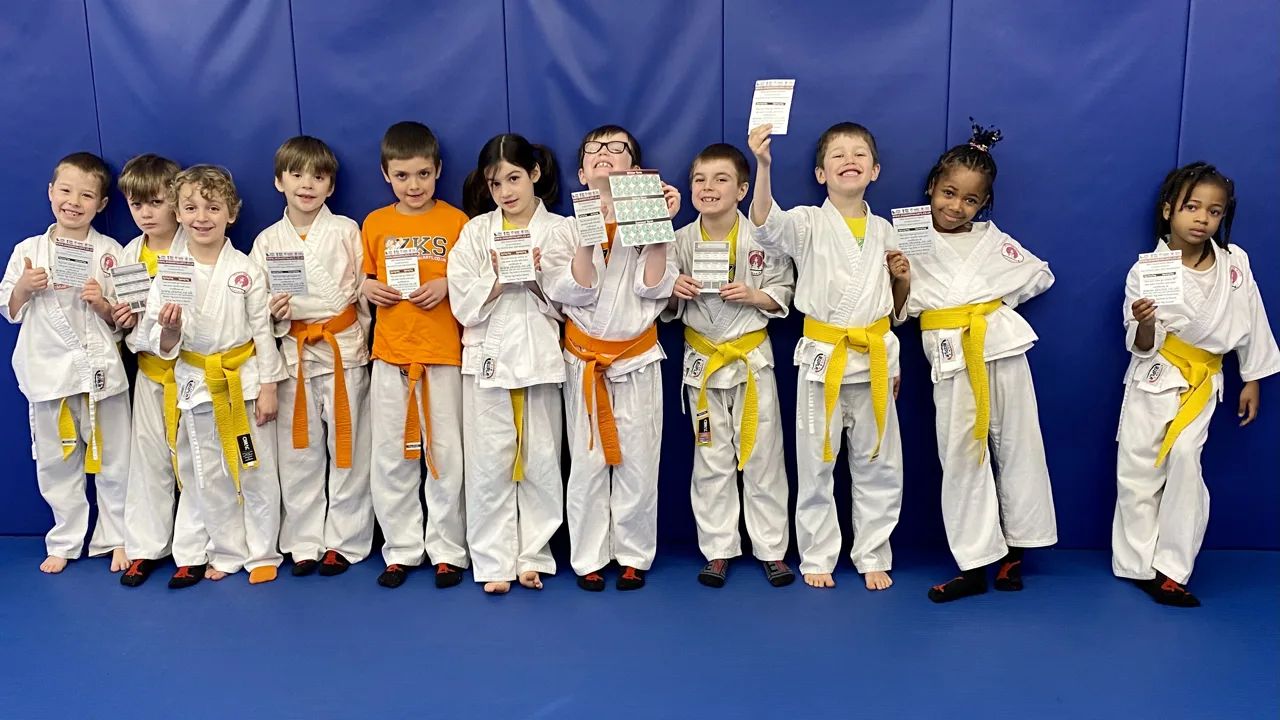 ZKS Mini Ninjas group wearing a range of coloured belts on the mats