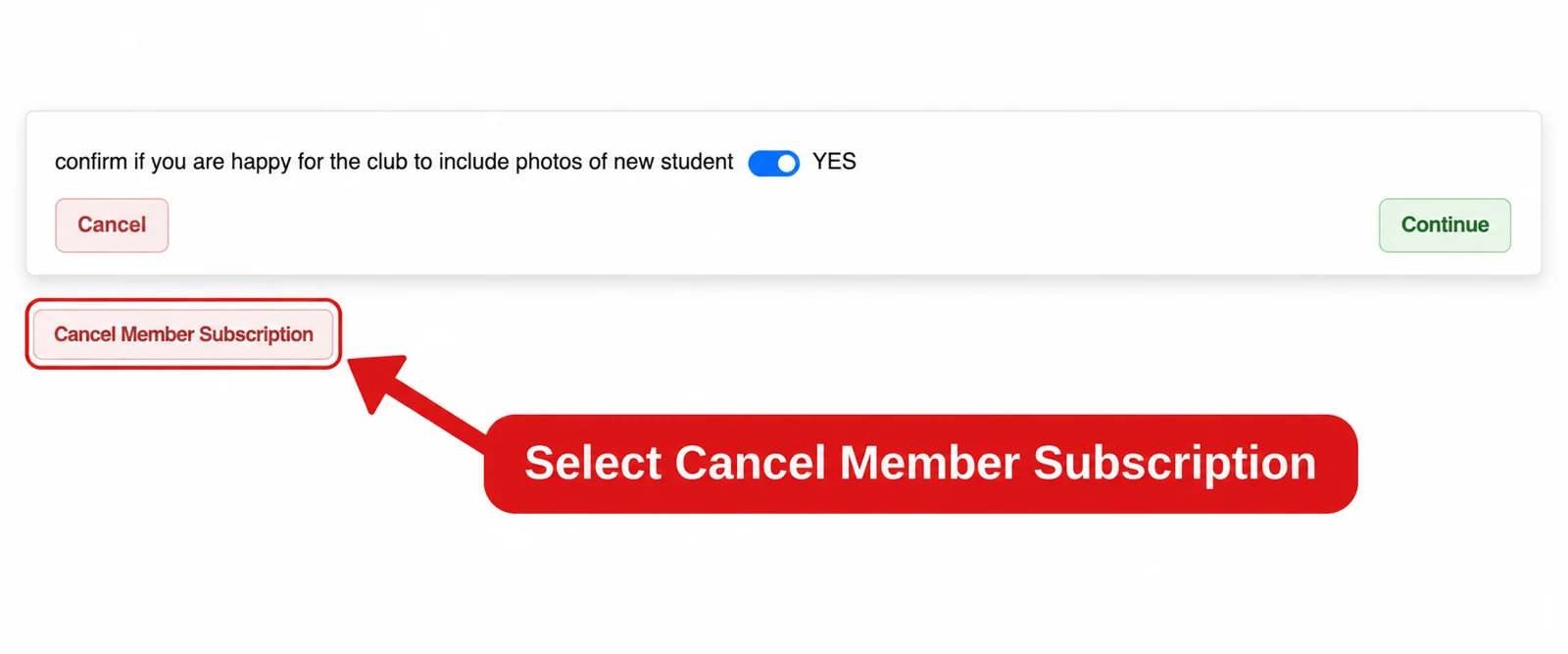 Bottom of the member profile with a red arrow highlighting Cancel Member Subscription below the profile form.