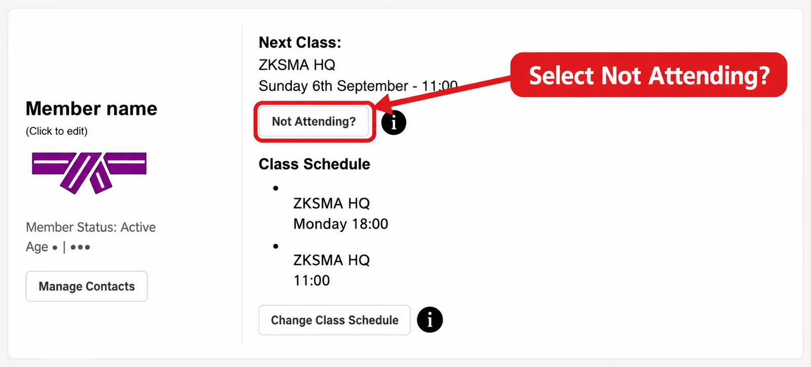 Example active member dashboard with Not Attending? beneath Next Class outlined in red and an arrow pointing to the button.